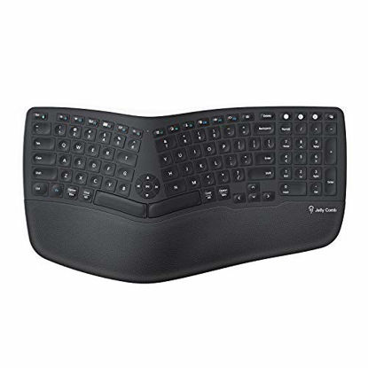 Picture of Jelly Comb KE68 Multi-Device Ergonomic Keyboard, (2.4G+BT1+BT2) Rechargeable Wireless Ergonomic Split Keyboard with Synthetic Leather Wrist Rest and Foldable Stands for Windows/Mac OS/Android