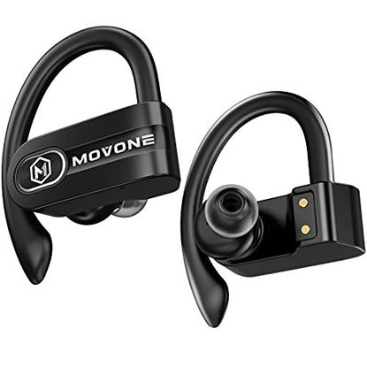 Picture of MOVONE True Wireless Earbuds Sport Bluetooth Headphones with Wireless Charging Case Premium Deep Bass Earphones Over Ear Hooks 32hrs Playtime in Ear with Built in Mic Headset USB C for Workout Running