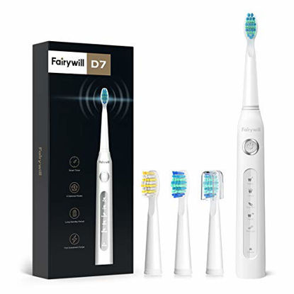 Picture of Fairywill UltraSonic Powered Electric Toothbrush ADA Accepted with 5 Modes, Timer, 4 Brush Heads, Rechargeable with One 4 Hr Charge Last 30 Days, Whitening Toothbrush for Adults White