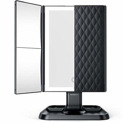 Picture of Makeup Mirror Vanity Mirror with Lights - 3 Color Lighting Modes 72 LED Trifold Mirror, Touch Control Design, 1x/2x/3x Magnification, Portable High Definition Cosmetic Lighted Up Mirror (Black)