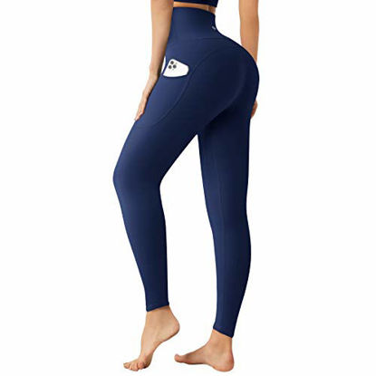 Picture of Letsfit High Waisted Leggings for Women, Yoga Pants with Pockets and Tummy Control for Workout Running Cycling Gym, True Navy, X-Large