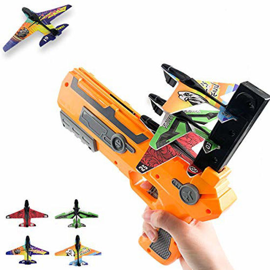 Picture of Bubble Catapult Plane Toy Airplane, Toy Gun with 4 Pack Airplane Toy, Foam Airplanes for Kids Age 3-12, Fun Outdoor Toy for Kids 2021 Newest Hot TIK Tok Toys (Yellow)