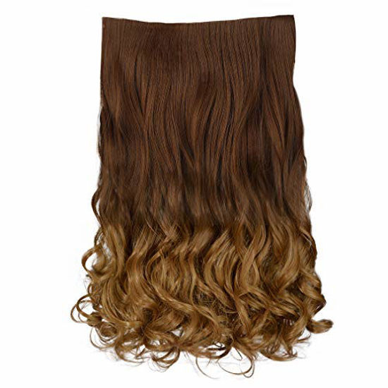 Picture of REECHO 20" 1-pack 3/4 Ombre Full Head Curly Wave Clips in on Synthetic Hair Extensions Hair pieces for Women 5 Clips 4.6 Oz Per Piece - Ombre Light Brown to Strawberry Blonde