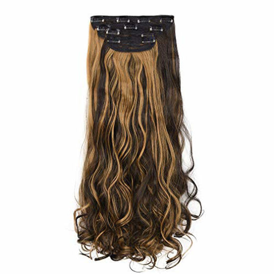 Picture of REECHO 24" Curly Wavy Long 4 PCS Set Thick Clip in on Hair Extensions Brown with Chestnut Highlights