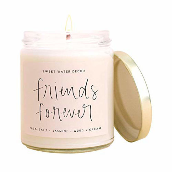Picture of Sweet Water Decor Friends Forever Candle | Sea Salt, Jasmine, Wood, Cream Scented Soy Candles for Home | 9oz Clear Glass Jar, 40 Hour Burn Time, Made in the USA