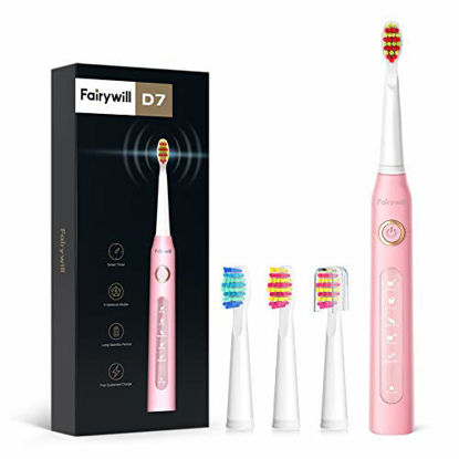 Picture of Fairywill UltraSonic Powered Electric Toothbrush ADA Accepted with 5 Modes, Smart Timer, 4 Brush Heads, Fully Rechargeable with One 4 Hr Charge Last 30 Days, Whitening Toothbrush Pink