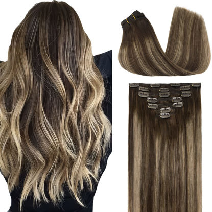 Picture of GOO GOO Remy Hair Extensions Clip in Human Hair, Balayage Chocolate Brown to Honey Blonde 22 Inch 120g 7pcs Real Hair Extensions Clip in Straight Thick Natural Hair Extensions