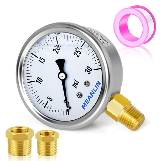 Picture of MEANLIN MEASURE 0~30Psi Stainless Steel 1/4" NPT 2.5" Single Scale FACE DIAL,Glycerin Filled Fuel Pressure Gauge,Liquid Filled Pressure Gauge WOG Water Oil Gas Lower Mount