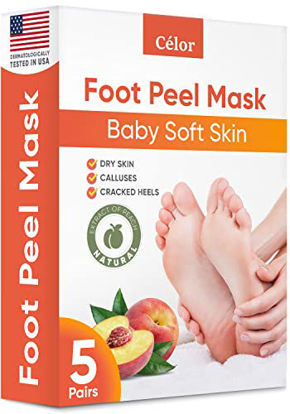 Picture of Foot Peel Mask Peach (5 Pairs) - Foot Mask for Dry Cracked Feet and Remove Dead Skin - Foot Exfoliator with Aloe Vera Gel and Natural Peach Extract for Men and Women Feet Peeling Mask - Foot Mask Peel