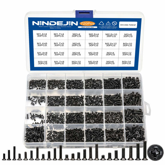 Picture of NINDEJIN 720pcs Laptop Notebook Computer Carbon Steel Screws Kit Set, Flat Head Phillips Screw Assortments, M1.4/1.7/2/2.5/3 Countersunk ssd Screws Accessories for SSD Toshiba DELL Sony Samsung