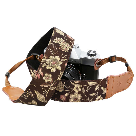 Picture of PADWA Brown Japanese Printed Camera Strap - Double Layer Cowhide Ends,2" Pure Cotton Woven Camera Straps, Adjustable Vintage Neck & Shoulder Strap for All DSLR Cameras,Great Gift for Photographers