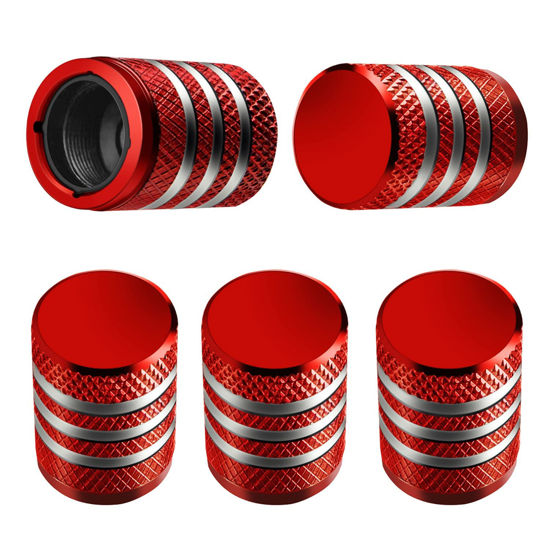 Picture of Tire Valve Stem Cap Cover - (5 Pack) Tire Air Caps Metal with Plastic Liner Corrosion Resistant Leak-Proof for Car Truck Motorcycle SUV and Bike Red