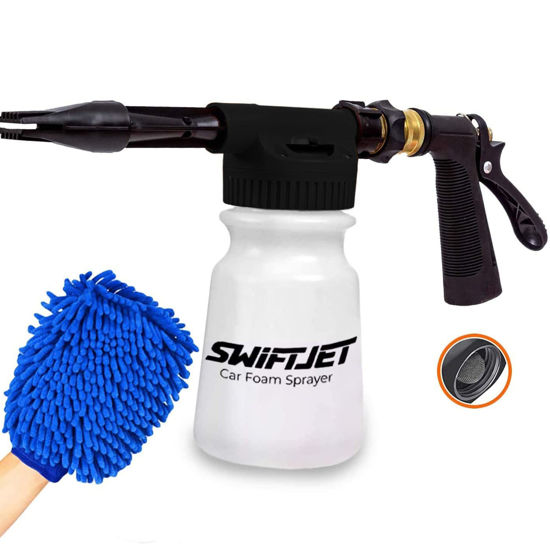 Picture of SwiftJet Car Wash Foam Sprayer Gun with Microfiber Wash Mit - Adjustable Water Pressure & Soap Ratio Dial - Foam Cannon Attaches to Any Garden Hose (Foam Sprayer with Wash Mit (Black))