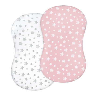 Picture of Bassinet Sheet 2 Pack, 33" X 17" Flexible for Different Cradle and Bassinet Mattress, Soft Breathable Universal Sheet for Rectangle, Oval, Hourglass Bassinet Mattress, White&Pink