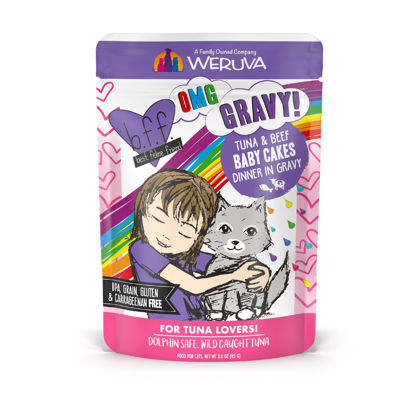 Picture of B.F.Omg - Best Feline Friend Oh My Gravy!, Tuna & Beef Baby Cakes with Tuna & Beef In Gravy Cat Food by Weruva, 3oz Pouch (Pack of 12), Purple (0152)