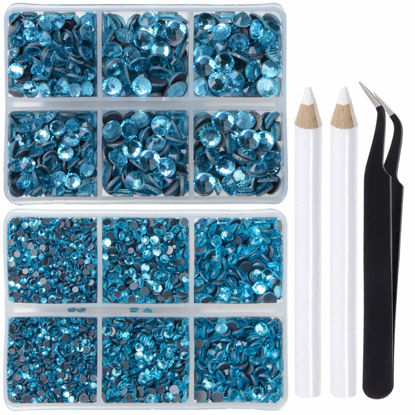 Picture of LPBeads 6400 Pieces Hotfix Rhinestones Aquamarine Flat Back 5 Mixed Sizes Crystal Round Glass Gems with Tweezers and Picking Rhinestones Pen