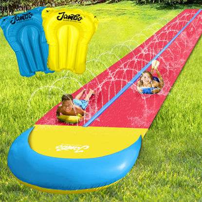 Picture of Jambo 32' XXL Extra Long Slip Splash and Slide with 2 Bodyboards, Heavy Duty Double Lane Water Slide with Inflatable Crash Pad, Slip Outdoor Backyard Water Toys and Slides