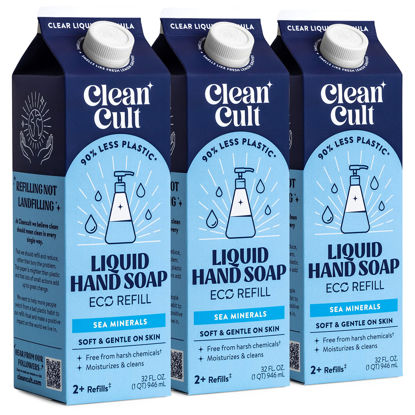 Picture of Cleancult Liquid Hand Soap Refills (32oz, 3 Pack) - Hand Soap that Nourishes & Moisturizes - Liquid Soap Free of Harsh Chemicals - Paper Based Eco Refill, Uses 90% Less Plastic - Sea Minerals