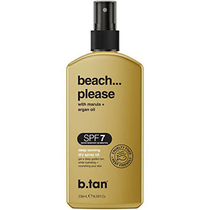 Picture of b.tan SPF 7 Deep Tanning Dry Spray | Beach... Please SPF 7 Tanning Oil - Get a Deep Beach Bronze & Golden Tan, Deeply Nourishes Skin from Marula & Argan Oil, Includes a Touch of Self Tan for an Extra Kick, Vegan, Cruelty Free 8 Fl Oz