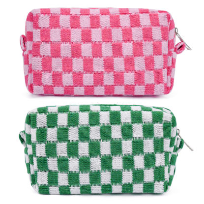 Picture of SOIDRAM 2 Pieces Makeup Bag Checkered Cosmetic Bag Pink Green Makeup Pouch Travel Toiletry Bag Organizer Cute Makeup Brushes Storage Bag for Women