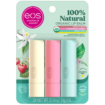 Picture of eos 100% Natural & Organic Lip Balm Trio- Vanilla Bean, Sweet Mint, & Strawberry Sorbet, Made for Sensitive Skin, Lip Care Products, 0.14 oz, 3-Pack