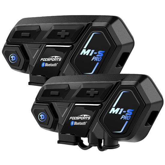 Picture of FODSPORTS Motorcycle Bluetooth Intercom with Music Sharing, M1S Pro 2000m 8 Riders Group Helmet Communication System Headset Universal Interphone (Waterproof/Handsfree/Stereo Music/GPS/2 Pack)