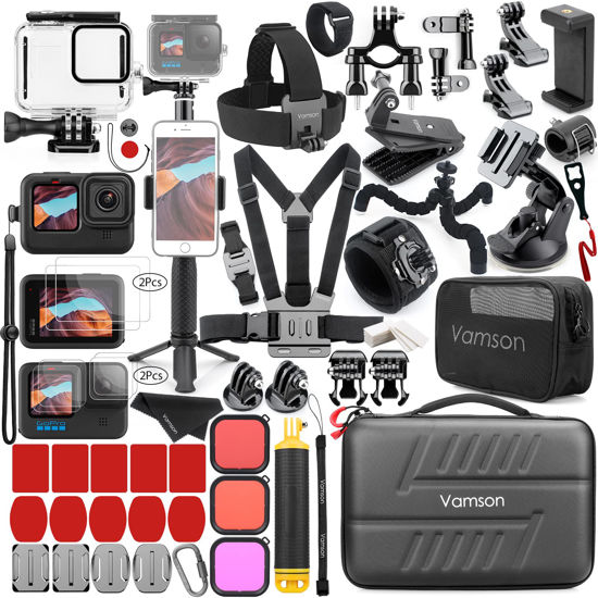 Picture of Vamson Accessories Kit for GoPro Hero 11 10 9 Black Waterproof Housing Case Filter Silicone Protector Frame Lens Screen Tempered Glass Head Chest Strap Bike Mount Floating Bundle Set Kit 64 in 1 AVS18