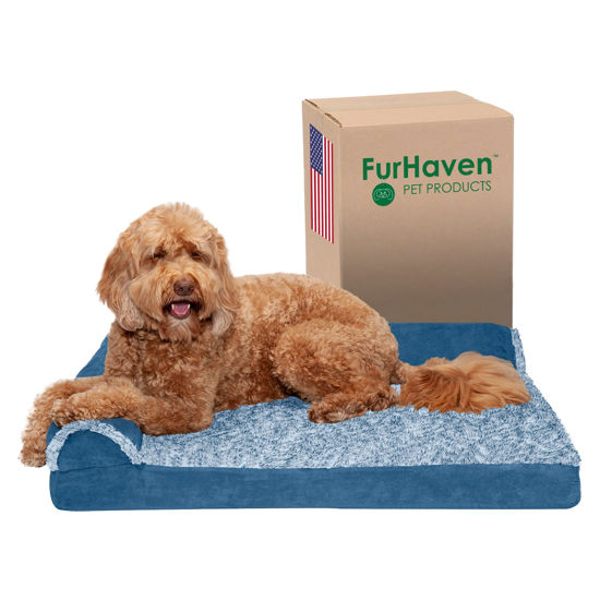 Picture of Furhaven Orthopedic Dog Bed for Large/Medium Dogs w/ Removable Bolsters & Washable Cover, For Dogs Up to 55 lbs - Two-Tone Plush Faux Fur & Suede L Shaped Chaise - Marine Blue, Large