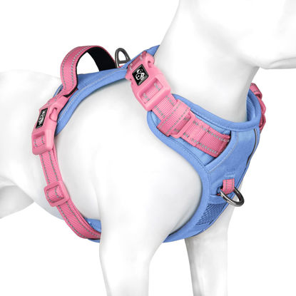 Picture of PHOEPET No Pull Dog Harness, Unique Colors Reflective Adjustable Dog Vest, with Soft Training Handle Metal Clips for Small Medium Large Dogs (Baby Blue Base & Pink Straps,L)