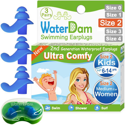 Picture of WaterDam Swimming Ear Plugs Great Waterproof Ultra Comfy Earplugs Prevent Swimmer's Ear (Size 2+2+2: Kids Teens Medium Ear Women Small Ear Men (3 Pairs Blue))