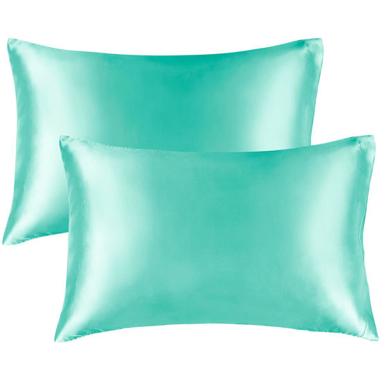 Picture of BEDELITE Satin Pillowcase for Hair and Skin, King Pillow Cases Set of 2 Pack Super Soft Silky Turquoise Pillow Case with Envelope Closure (20x40 Inches)