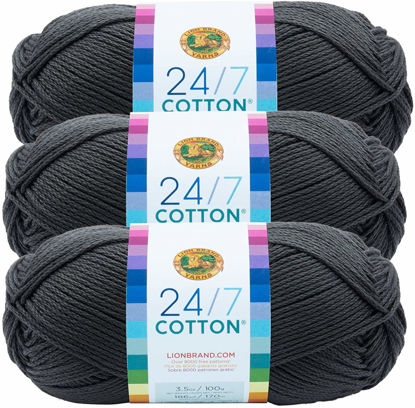 Picture of Lion Brand 24/7 Cotton Yarn, Yarn for Knitting, Crocheting, and Crafts, Charcoal, 3 Pack