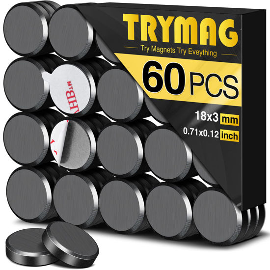 Picture of TRYMAG Magnets for Crafts with Adhesive Backing, 60Pcs Ceramic Industrial Magnets Tiny Round Crafts Magnets, Flat Circle Ferrite Magnets for Crafts, DIY, Science, Hobbies, Project - 18mm (.709 inch)