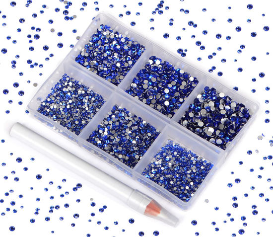 Picture of Bymitel 7200 Pieces 6 Mixed Sizes Glue Fix on Glass Rhinestones Round Crystal Gems Flatback for DIY Jewelry Making with one Picking Pen (6-Sizes 7200PCS, Sapphire)