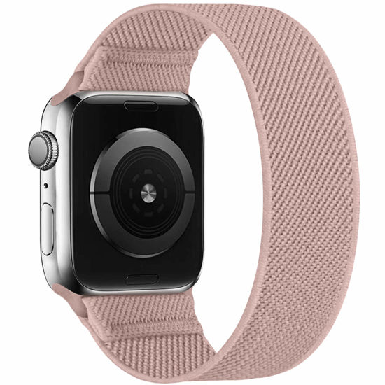 Picture of ENJINER Stretchy Nylon Solo Loop Bands Compatible with Apple Watch 38mm 40mm 41mm 42mm 44mm 45mm 49mm Ultra iWatch Series 8 7 SE 6 5 4 3 2 1 Strap, Sport Elastic Braided Women Men No Buckles Clasps Replacement Wristband, Rose Pink 42/44/45/49mm M