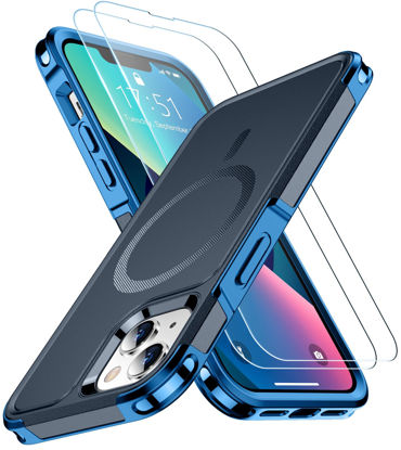 Picture of SPIDERCASE Magnetic for iPhone 13 Case, with [2 Pcs Tempered Glass Screen Protector] Compatible with Magsafe Shockproof Military Protective Cover for iPhone 13 (Deep Blue)