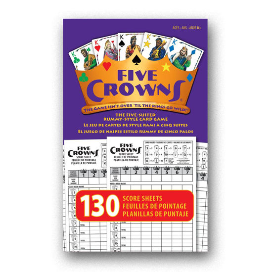 Picture of Five Crowns - Scorepad - 130 Score Sheets - Double Sided - Points Reference - French English Spanish - Track 7 Players at Once - for Ages 8+