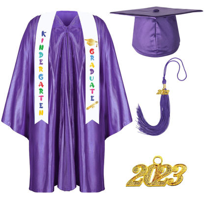 Picture of Foaincore 2023 Year Preschool and Kindergarten Graduation Gown Cap Tassel Set with 2023 Charm Printed Stole for Kid Grad Gift (Purple, 27)