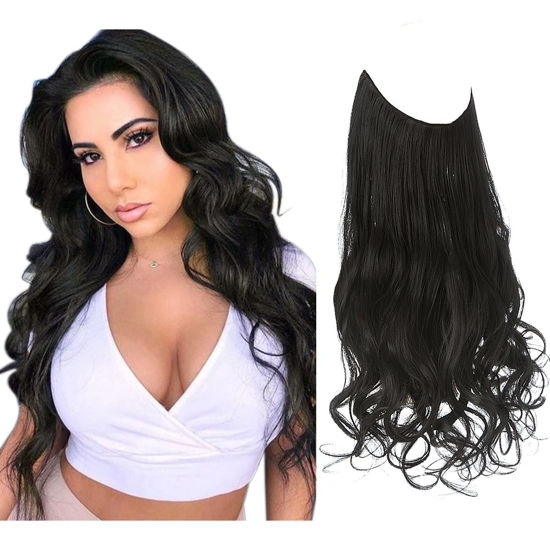 Picture of SARLA Invisible Wire Hair Extensions Black Long Wavy Curly Synthetic Hair Piece for Women Adjustable Transparent Headband 22 Inch No Clip