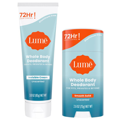 Picture of Lume Whole Body Deodorant - Invisible Cream Tube and Solid Stick - 72 Hour Odor Control - Aluminum Free, Baking Soda Free, Skin Safe - 3.0 Ounce Tube and 2.6 Ounce Solid Stick Bundle (Unscented)