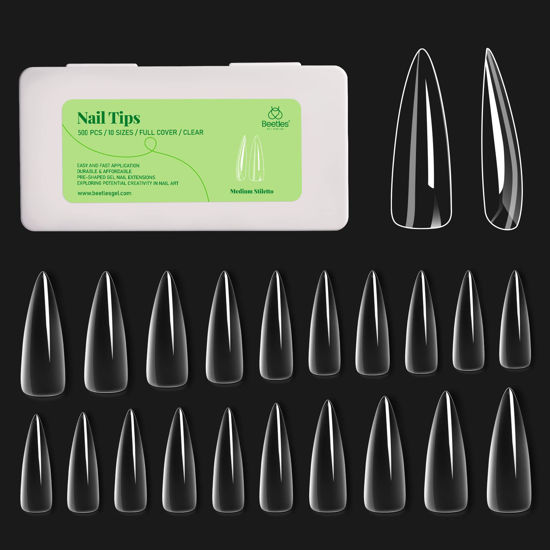 Picture of Beetles Gel Nail Tips Kit 500Pcs Clear Full Cover Medium Stiletto Pre-shaped False Nails for Gel Polish, Soak Off Easy Nail Extensions Acrylic Nails False Press on Nail Tips