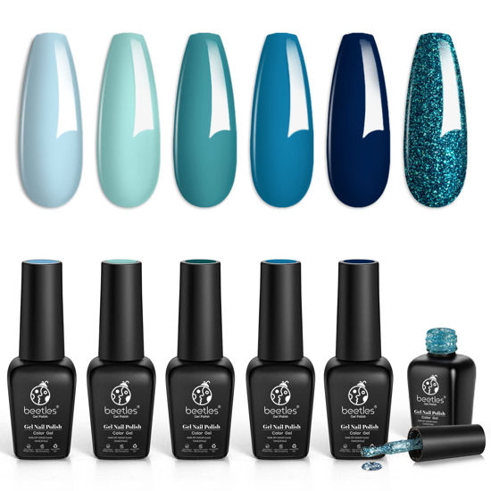 Picture of Beetles Gel Nail Polish Kit Fall Winter Colors - 6 Colors Ice Blue Holiday Gel Polish Set Dark Blue Navy Blue Sparkle Soak Off UV DIY Manicure Gift for Women