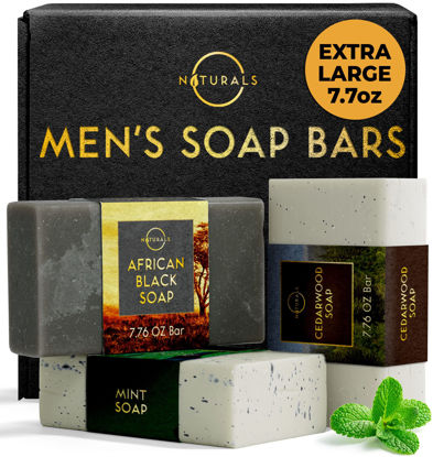 Picture of Bar Soap for Men - 3-Pcs Mens Soap Bar - Father's Day Gifts - Natural Soap - Mens Bar Soap - Men Soap - Natural Soap for Men - Organic Men's Exfoliating Soap Bars - African Black,Cedarwood,Mint