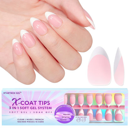 Picture of BTArtboxnails French Tips Gel Nail Tips, 160Pcs French Tip Press on Nails Pink Short Almond 3 in 1 X-coat Tips, Pre-applied Tip Primer & Base Coat Cover, 16 Sizes Pre-french No Need to File Soft Gel Fake Nails for Nail Extension Easy DIY