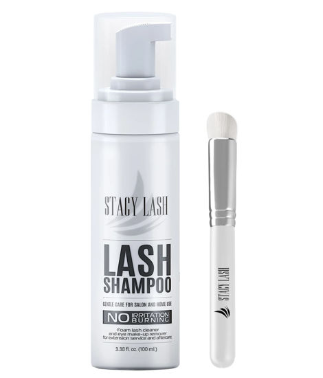 Picture of Eyelash Extension Shampoo Stacy Lash + Brush / 3.38 fl.oz / 100ml / Eyelid Foaming Cleanser/Wash for Extensions & Natural Lashes/Safe Makeup Remover/Supplies for Professional & Self Use