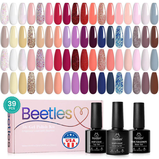 Picture of beetles Gel Polish Nail Set 36 Colors Lingering Grace Collection Pink Red Purple Girly Elegant Sparkle Glitter All Seasons Diy Manicure Kit with 3Pcs Base Top Coat