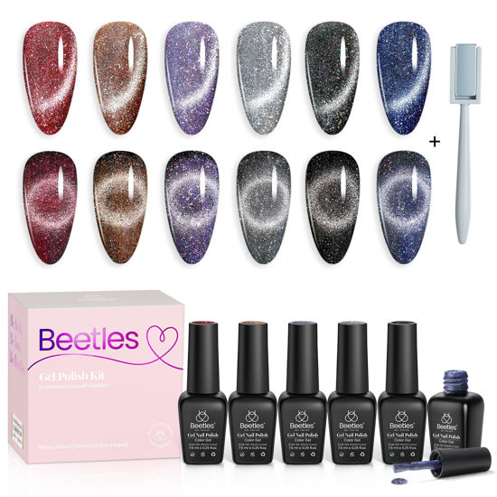 Picture of Beetles Gel Nail Polish Kit, 6 Colors Holographic Laser Cat Eyes Gel Polish Set Red Navy Blue Purple Glitter Black Nail Polish with Magnet Soak Off Led Nail Lamp Cured Manicure Kits DIY Home for Women