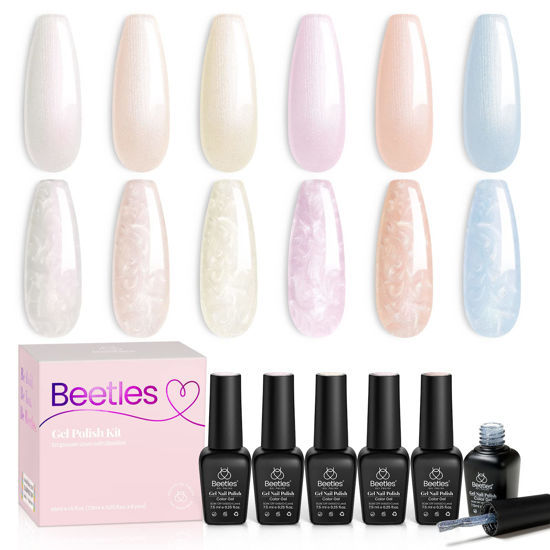 Picture of Beetles Gel Nail Polish,6 Colors Pearl Gel Nail Polish Shimmer Mermaid Gel Polish White Pink Blue Glitter Nail Polish Shell Swirl Thread Effect Soak Off UV LED Gel for Salon Home DIY Manicure