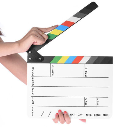 Picture of Professional Movie Directors Clapboard, Photography Studio Video TV Acrylic Clapper Board Dry Erase Film Slate Cut Action Scene Clapper with Color Sticks 9.6x11.7 inch/25x30cm, White