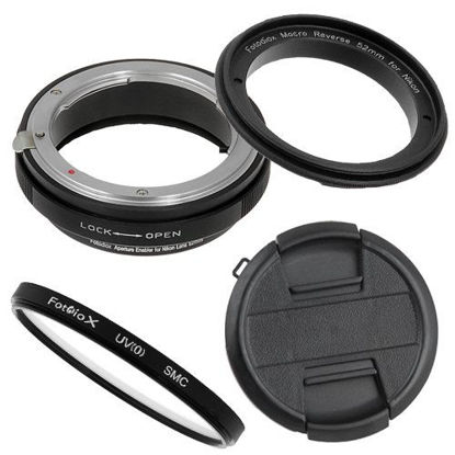 Picture of Fotodiox 52mm Macro Reverse Ring Filter Kit Compatible with 52mm Filter Thread Lenses to Nikon F-Mount Cameras - with UV Filter, Mechanical Aperture Control Adapter, and Cap